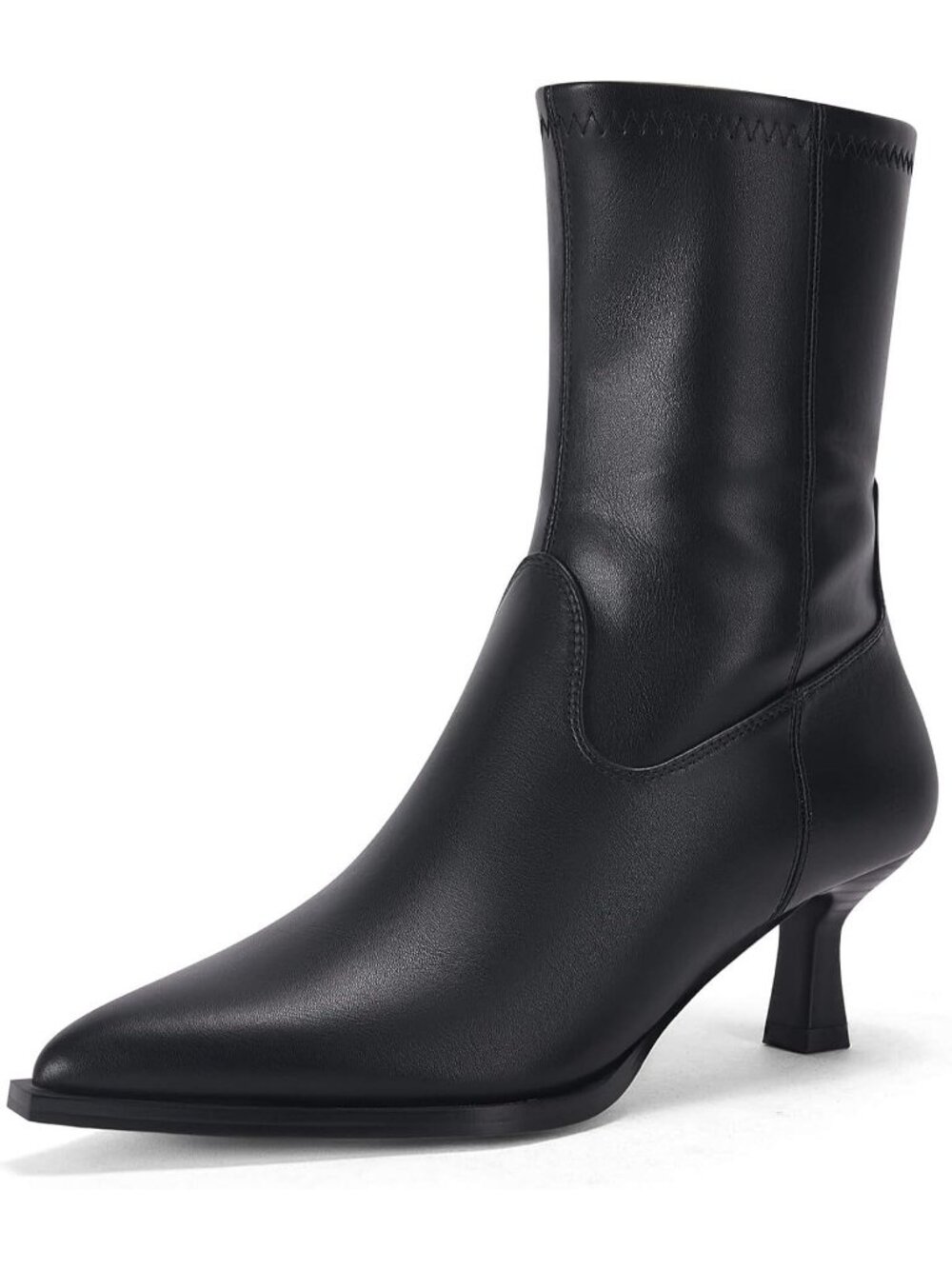 Women's Black Stacked Kitten Low Heel Side Zipper Fall Pointed Toe Ankle Boots